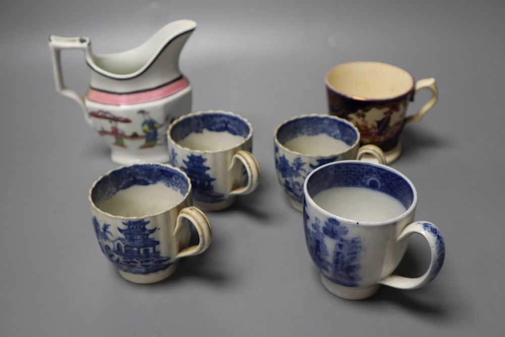 Four pearlware coffee cups and a pottery mug and a porcellaneous jug with oriental figures,11cm